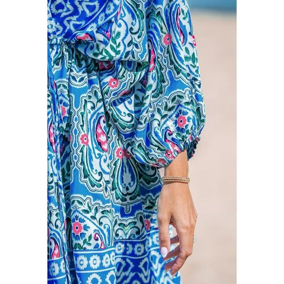 Cupshe Blue Boho Paisley V-Neck Puff Sleeve Mini Dress/Swimsuit Cover Up ~ NEW - Picture 7 of 11